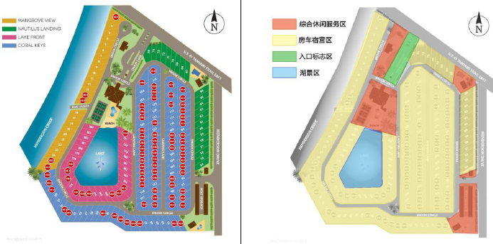 美國 MOTORCOACH RESORT 營地總體規(guī)劃(左)及功能分區(qū)圖(右) 美國 MOTORCOACH RESORT 營地總體規(guī)劃(左)及功能分區(qū)圖(右)