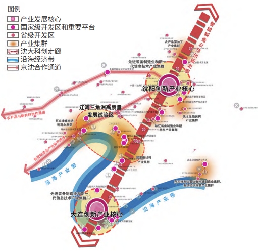 遼寧省“兩核兩區(qū)、雙軸多廊”的產(chǎn)業(yè)空間總體格局示意圖