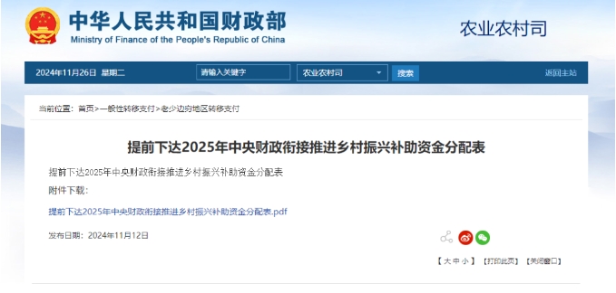 提前下達(dá)2025年中央財(cái)政銜接推進(jìn)鄉(xiāng)村振興補(bǔ)助資金 提前下達(dá)2025年中央財(cái)政銜接推進(jìn)鄉(xiāng)村振興補(bǔ)助資金